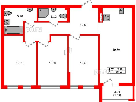 Квартира в ЖК Гагарина 30, 3 комнатная, 78.9 м², 2 этаж