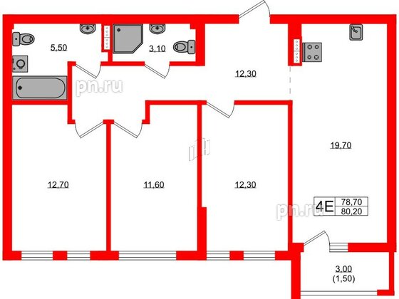 Квартира в ЖК Гагарина 30, 3 комнатная, 78.7 м², 6 этаж