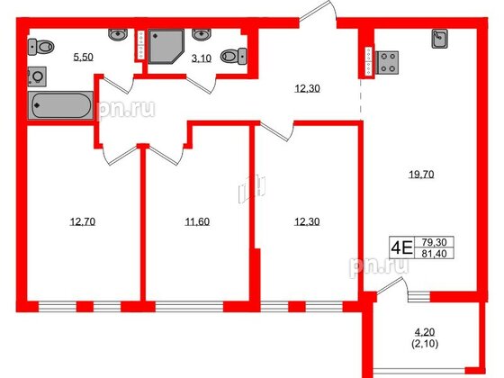 Квартира в ЖК Гагарина 30, 3 комнатная, 79.3 м², 8 этаж