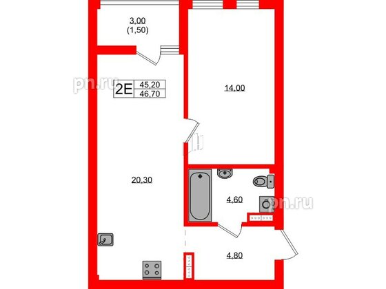 Квартира в ЖК Гагарина 30, 1 комнатная, 45.2 м², 6 этаж