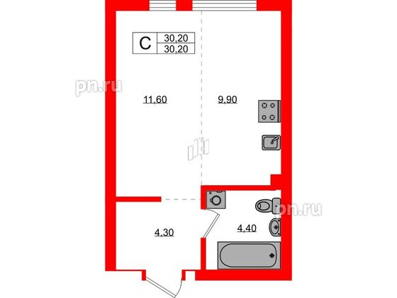 Квартира в ЖК Гагарина 30, студия, 30.2 м², 1 этаж