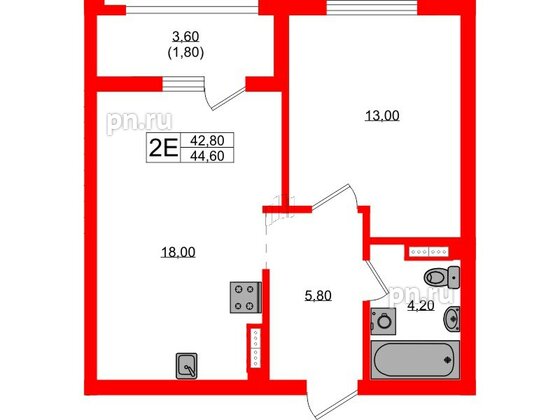 Квартира в ЖК Гагарина 30, 1 комнатная, 42.8 м², 6 этаж