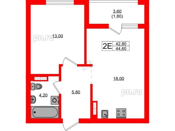Квартира в ЖК Гагарина 30, 1 комнатная, 42.8 м², 6 этаж