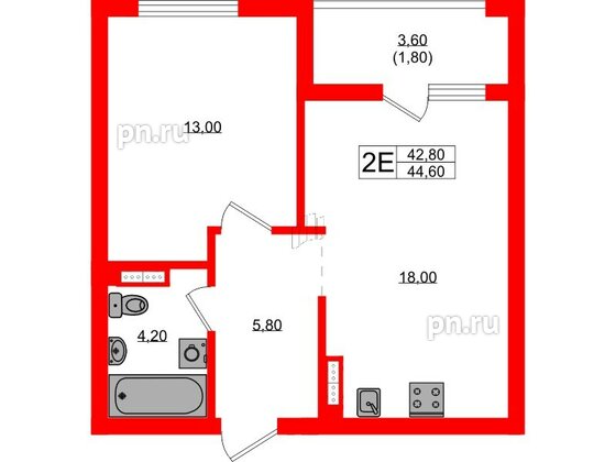 Квартира в ЖК Гагарина 30, 1 комнатная, 42.8 м², 8 этаж