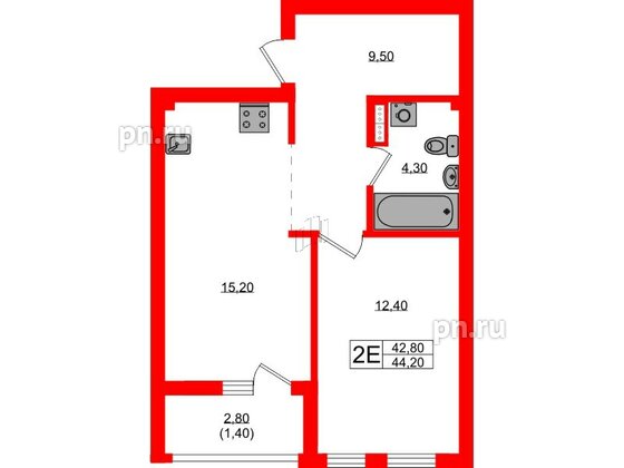 Квартира в ЖК Гагарина 30, 1 комнатная, 42.8 м², 2 этаж