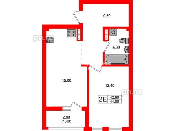 Квартира в ЖК «Гагарина 30», 1 комнатная, 42.6 м², 4 этаж