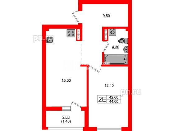 Квартира в ЖК «Гагарина 30», 1 комнатная, 42.6 м², 6 этаж