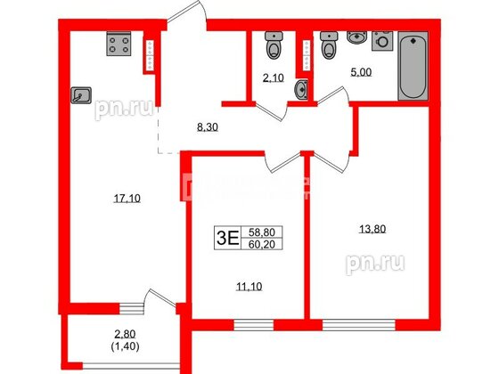 Квартира в ЖК «Гагарина 30», 2 комнатная, 58.8 м², 2 этаж