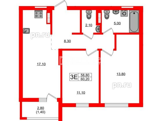 Квартира в ЖК «Гагарина 30», 2 комнатная, 58.8 м², 4 этаж