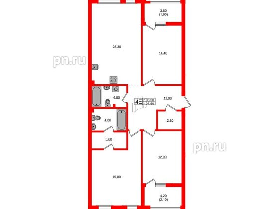 Квартира в ЖК Гагарина 30, 3 комнатная, 103.5 м², 2 этаж