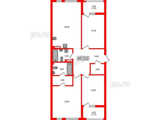 Квартира в ЖК «Гагарина 30», 3 комнатная, 102.9 м², 3 этаж