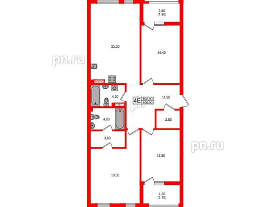 Квартира в ЖК Гагарина 30, 3 комнатная, 102.9 м², 4 этаж