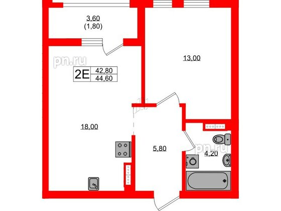 Квартира в ЖК Гагарина 30, 1 комнатная, 42.8 м², 9 этаж