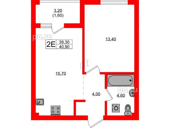 Квартира в ЖК Гагарина 30, 1 комнатная, 39.3 м², 2 этаж