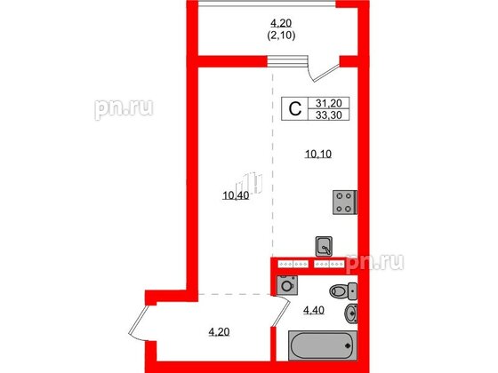 Квартира в ЖК Гагарина 30, студия, 31.2 м², 7 этаж
