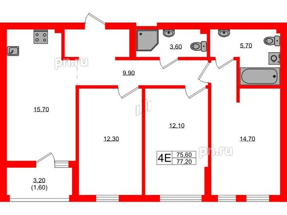 Квартира в ЖК Гагарина 30, 3 комнатная, 75.6 м², 2 этаж