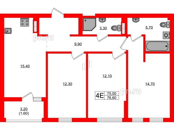 Квартира в ЖК Гагарина 30, 3 комнатная, 75 м², 6 этаж