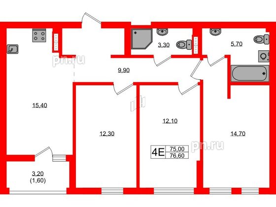 Квартира в ЖК Гагарина 30, 3 комнатная, 75 м², 8 этаж
