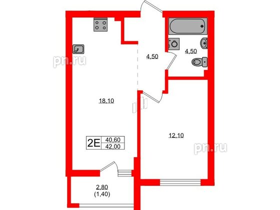 Квартира в ЖК Гагарина 30, 1 комнатная, 40.6 м², 2 этаж