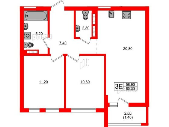 Квартира в ЖК Гагарина 30, 2 комнатная, 58.9 м², 4 этаж