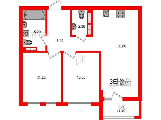 Квартира в ЖК Гагарина 30, 2 комнатная, 58.9 м², 7 этаж
