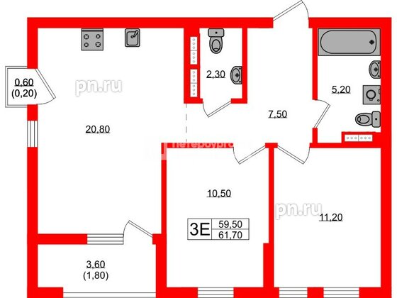 Квартира в ЖК Гагарина 30, 2 комнатная, 59.5 м², 8 этаж
