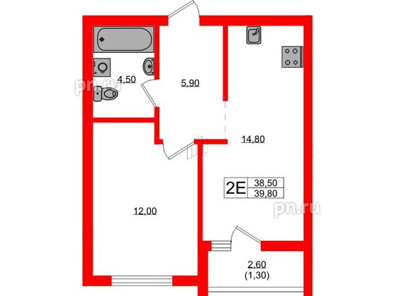 Квартира в ЖК Гагарина 30, 1 комнатная, 38.5 м², 1 этаж