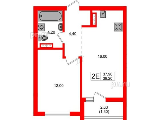 Квартира в ЖК Гагарина 30, 1 комнатная, 37.9 м², 2 этаж
