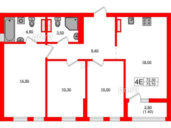 Квартира в ЖК Гагарина 30, 3 комнатная, 72.3 м², 4 этаж