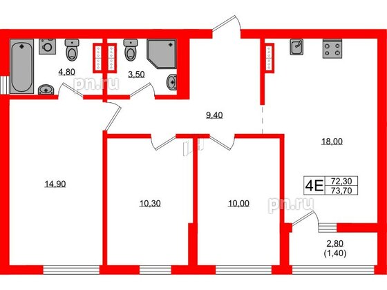 Квартира в ЖК Гагарина 30, 3 комнатная, 72.3 м², 6 этаж