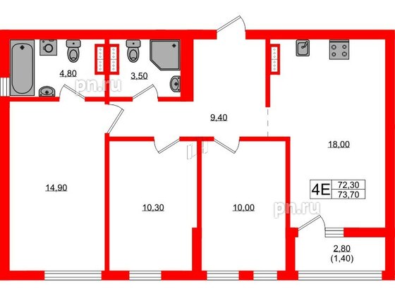Квартира в ЖК Гагарина 30, 3 комнатная, 72.3 м², 8 этаж