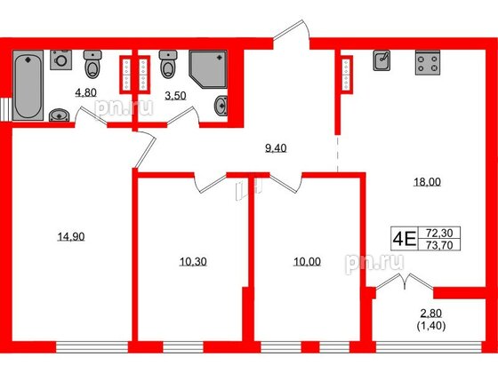 Квартира в ЖК Гагарина 30, 3 комнатная, 72.3 м², 9 этаж