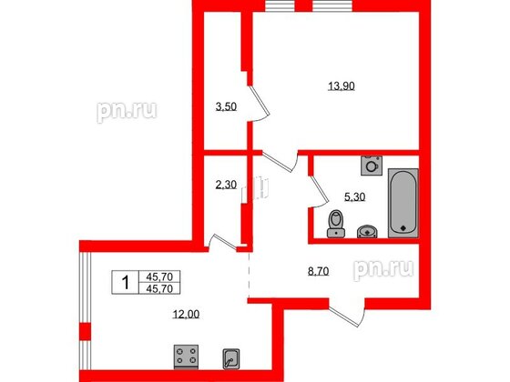 Квартира в ЖК Гагарина 30, 1 комнатная, 45.7 м², 1 этаж