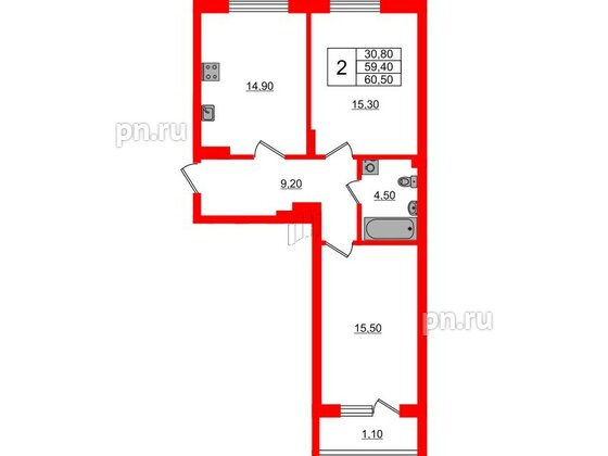 Квартира в ЖК Астория, 2 комнатная, 60.5 м², 1 этаж