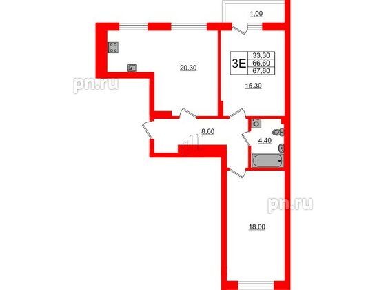 Квартира в ЖК Астория, 2 комнатная, 67.6 м², 7 этаж