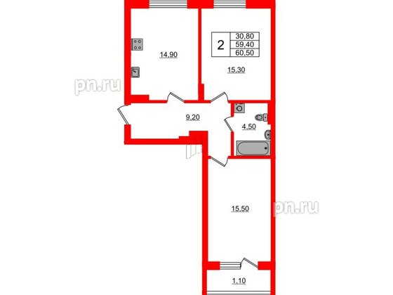Квартира в ЖК Астория, 2 комнатная, 60.5 м², 1 этаж