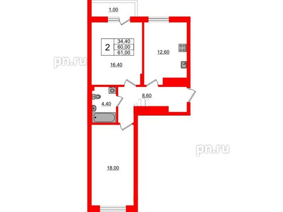 Квартира в ЖК Астория, 2 комнатная, 61 м², 5 этаж