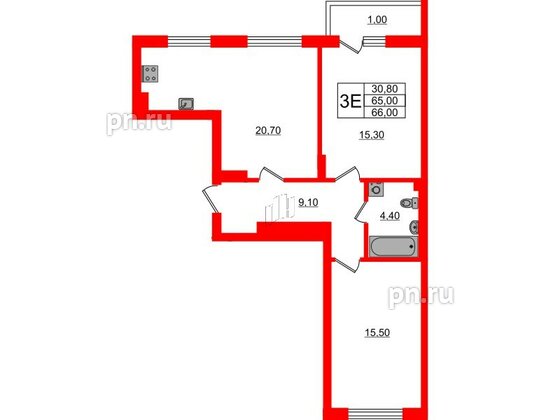 Квартира в ЖК Астория, 2 комнатная, 66 м², 3 этаж