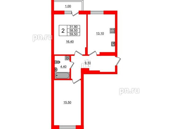 Квартира в ЖК Астория, 2 комнатная, 59.5 м², 3 этаж