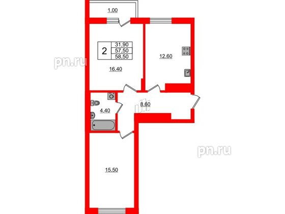 Квартира в ЖК Астория, 2 комнатная, 58.5 м², 5 этаж
