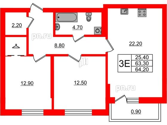Квартира в ЖК Астория, 2 комнатная, 64.2 м², 7 этаж