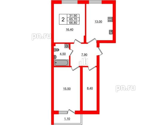 Квартира в ЖК Астория, 2 комнатная, 66.8 м², 1 этаж