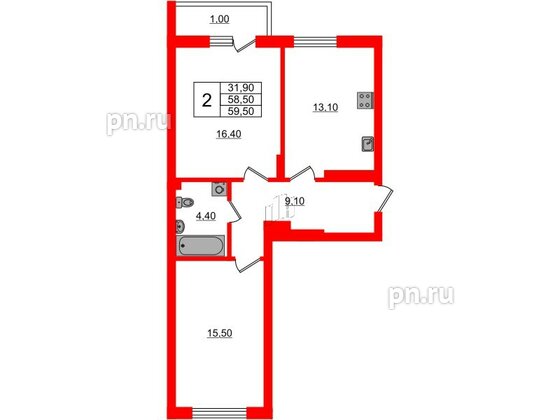 Квартира в ЖК Астория, 2 комнатная, 59.5 м², 4 этаж
