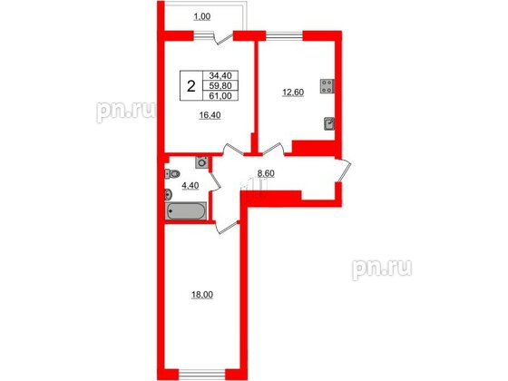 Квартира в ЖК Астория, 2 комнатная, 61 м², 6 этаж