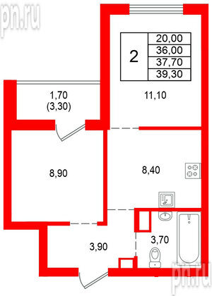Квартира в ЖК Альпенштадт, 2 комнатная, 37.7 м², 6 этаж