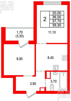 Квартира в ЖК Альпенштадт, 2 комнатная, 37.7 м², 12 этаж
