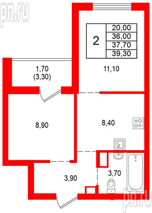 Квартира в ЖК Альпенштадт, 2 комнатная, 37.7 м², 13 этаж