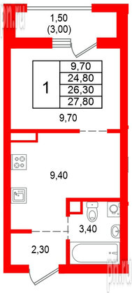 Квартира в ЖК Альпенштадт, 1 комнатная, 26.3 м², 3 этаж