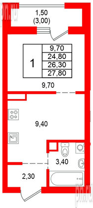 Квартира в ЖК Альпенштадт, 1 комнатная, 26.3 м², 11 этаж