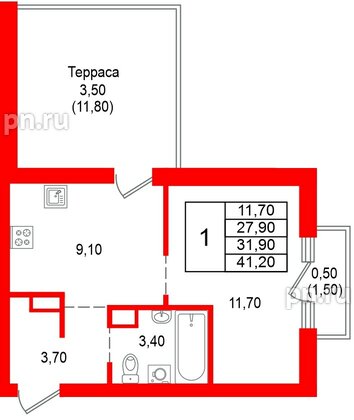 Квартира в ЖК Альпенштадт, 1 комнатная, 31.9 м², 9 этаж